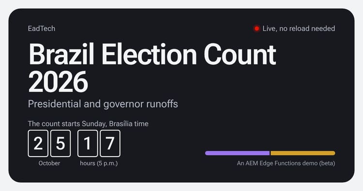 Brazil Election Count 2026, presidential and governor runoffs, live. An AEM Edge Functions demo (beta) by EadTech.